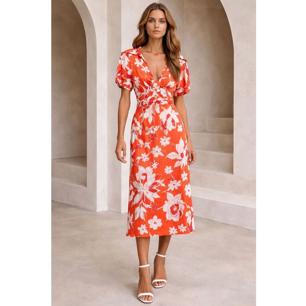 Sake Silk Floral Print Midi Dress in White and Red 10 NWOT